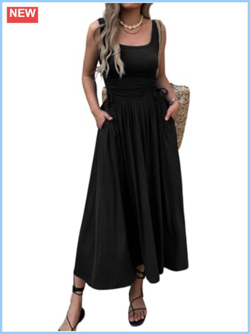 Boho Summer Maxi Dress with Pockets Sleeveless Ruched Sundress